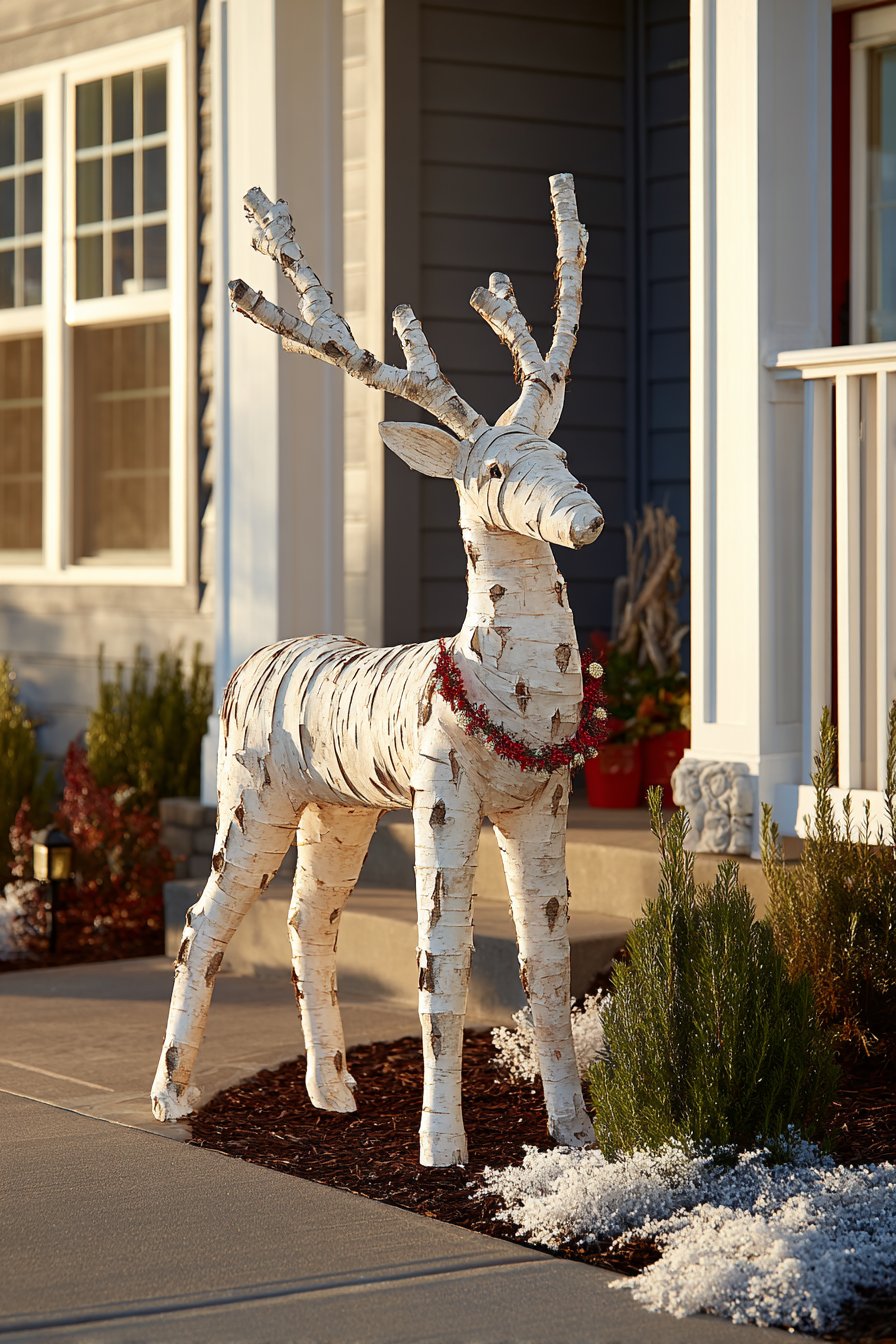 Handcrafted Birch Log Reindeer with Solar Lighting