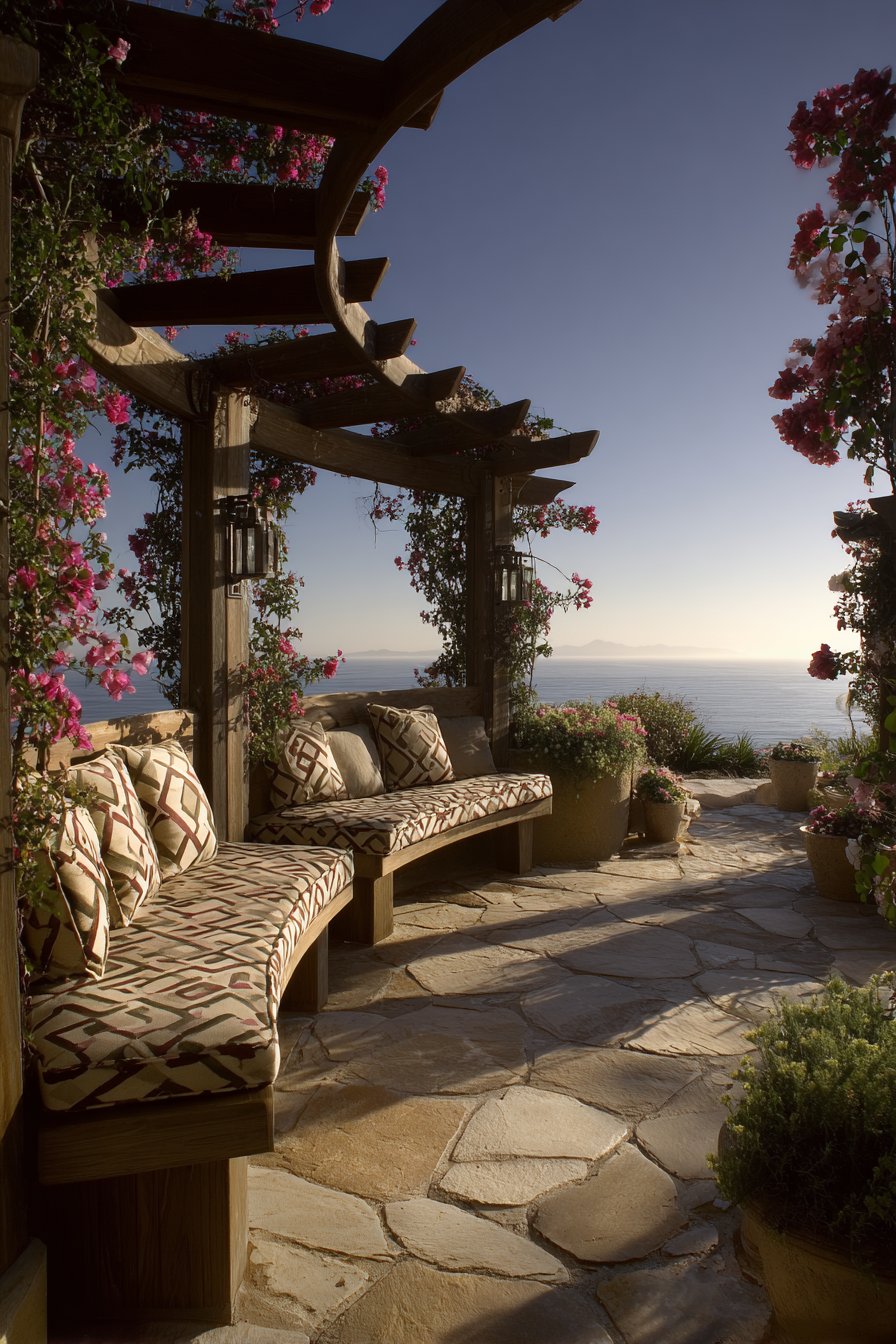 Architectural Curved Pergola with Built-In Seating