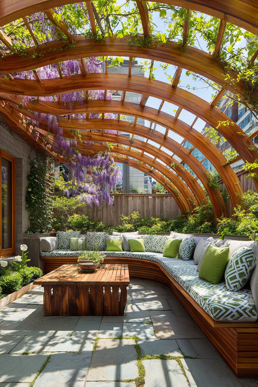 Architectural Curved Pergola with Built-In Seating