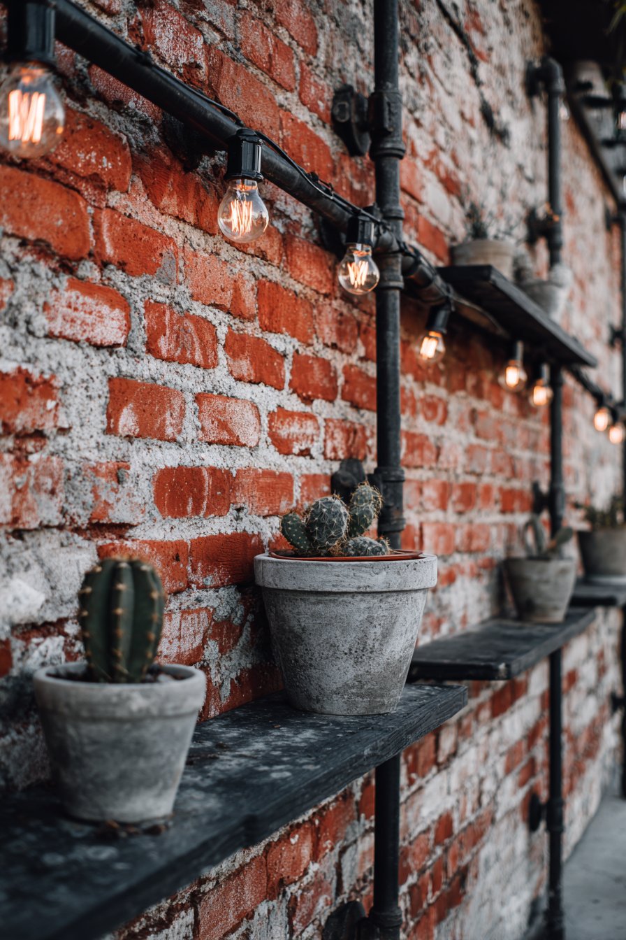 Industrial Exposed Brick with Metal Pipe Shelving