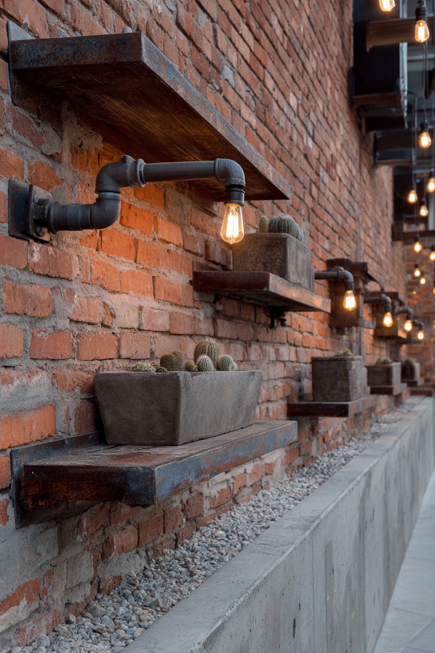 Industrial Exposed Brick with Metal Pipe Shelving