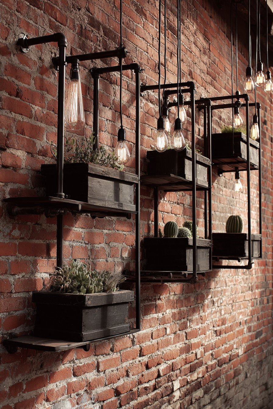 Industrial Exposed Brick with Metal Pipe Shelving