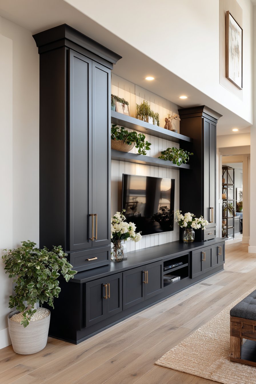 Custom Black Media Console with Green Glass Collection