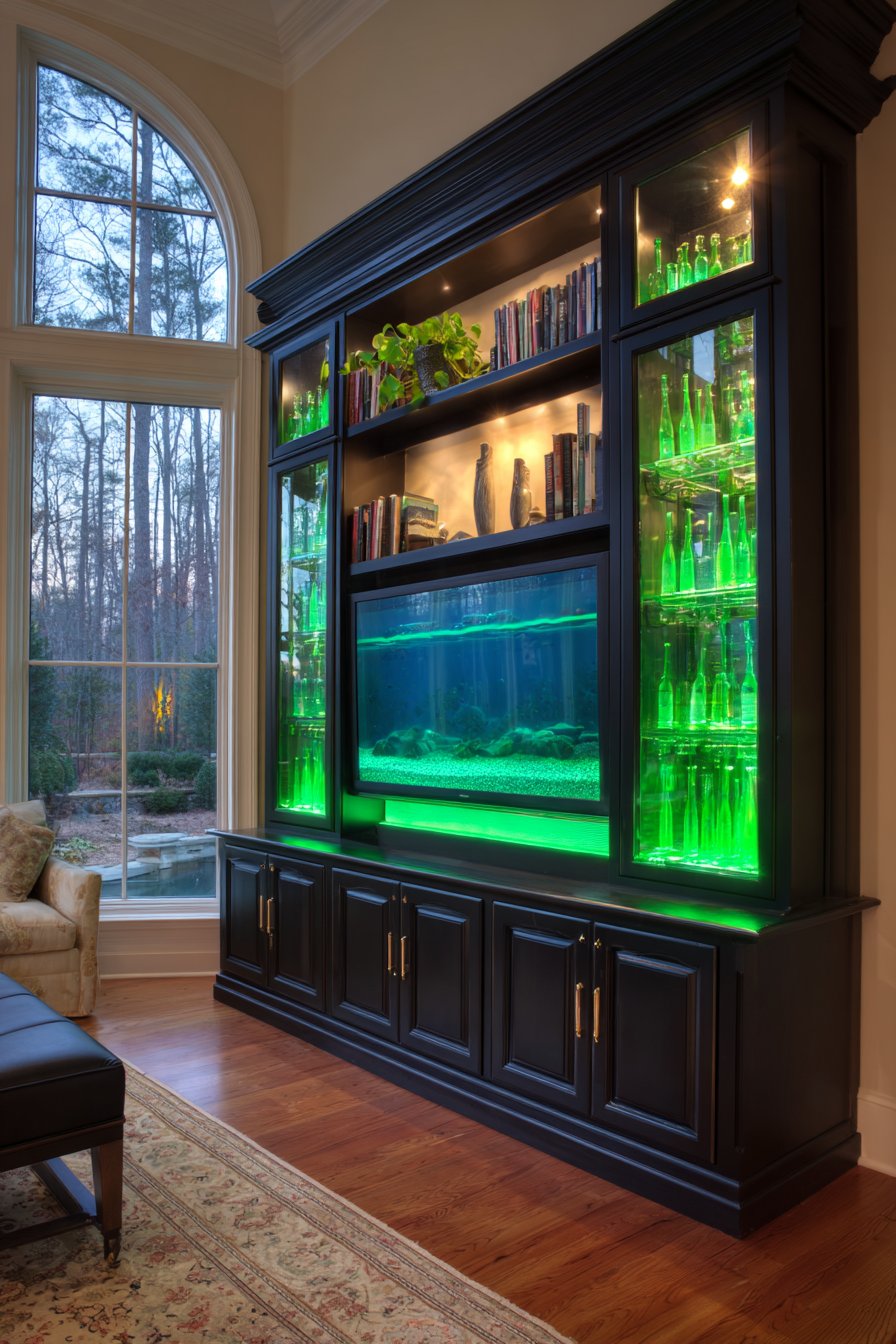 Custom Black Media Console with Green Glass Collection