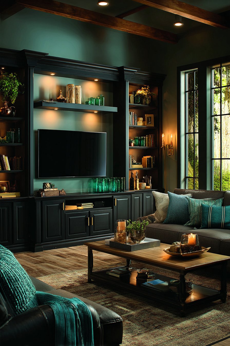 Custom Black Media Console with Green Glass Collection