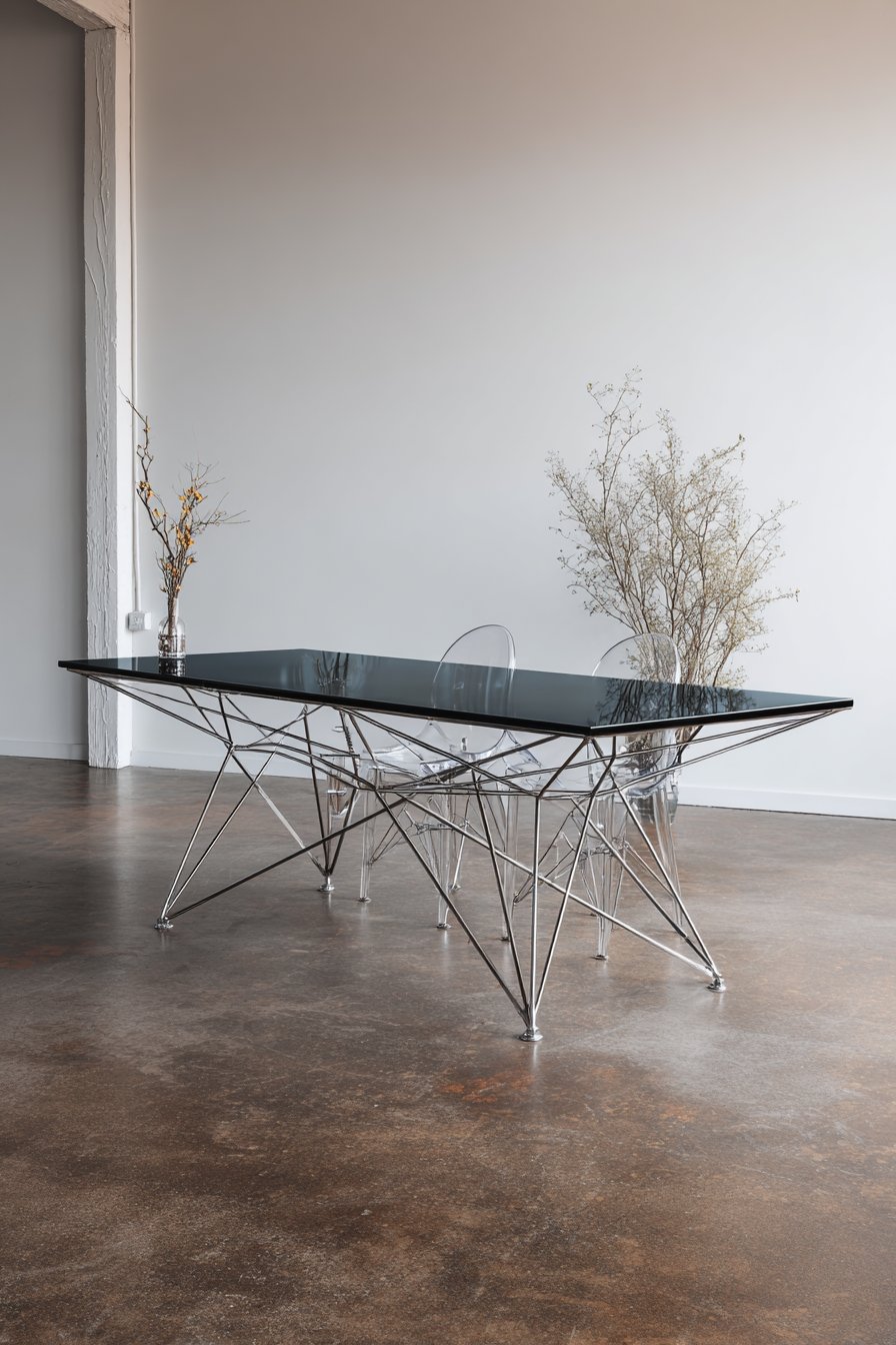 Sleek Black Glass with Geometric Steel