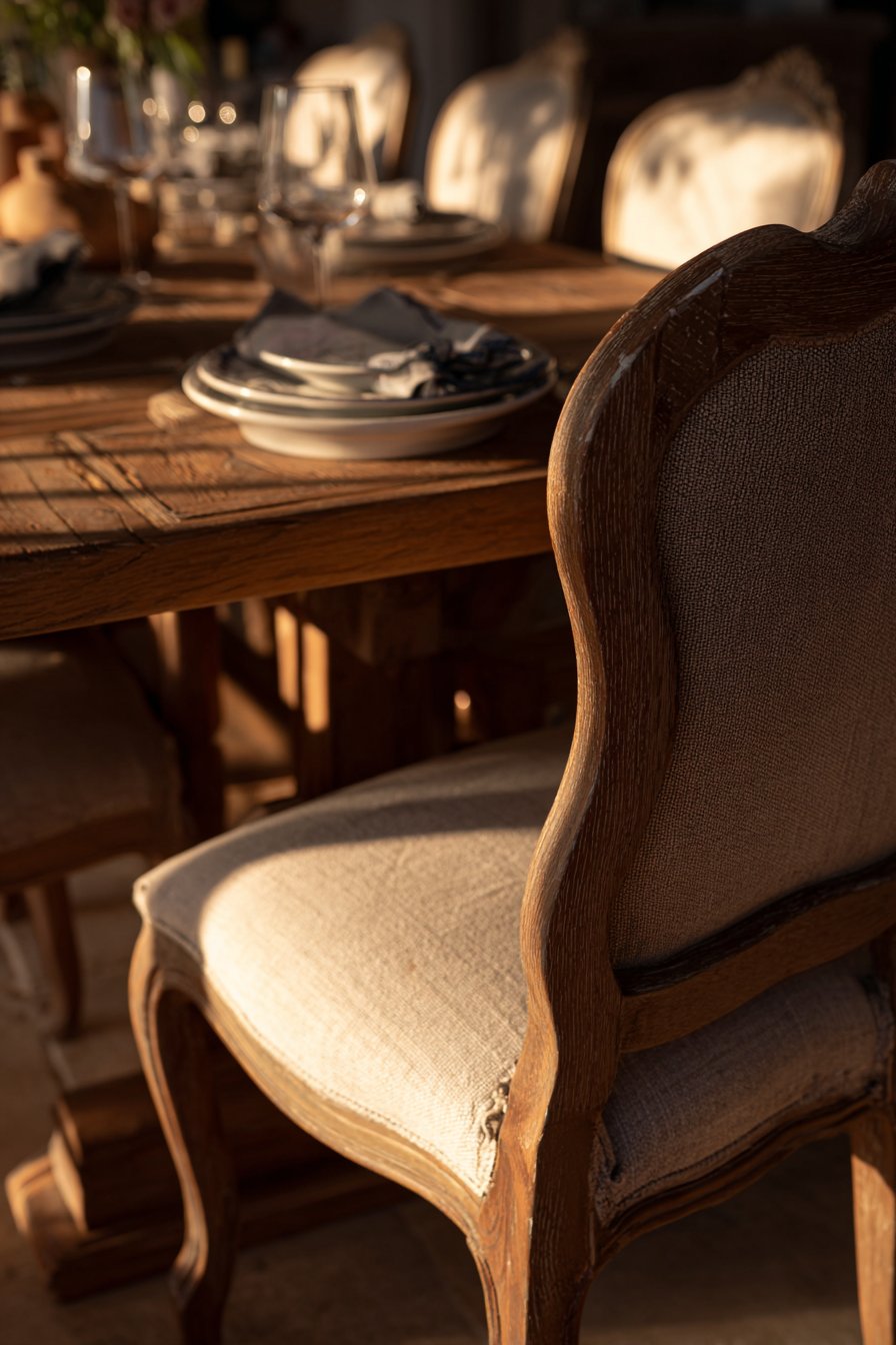 French Country Carved Frame with Linen Upholstery