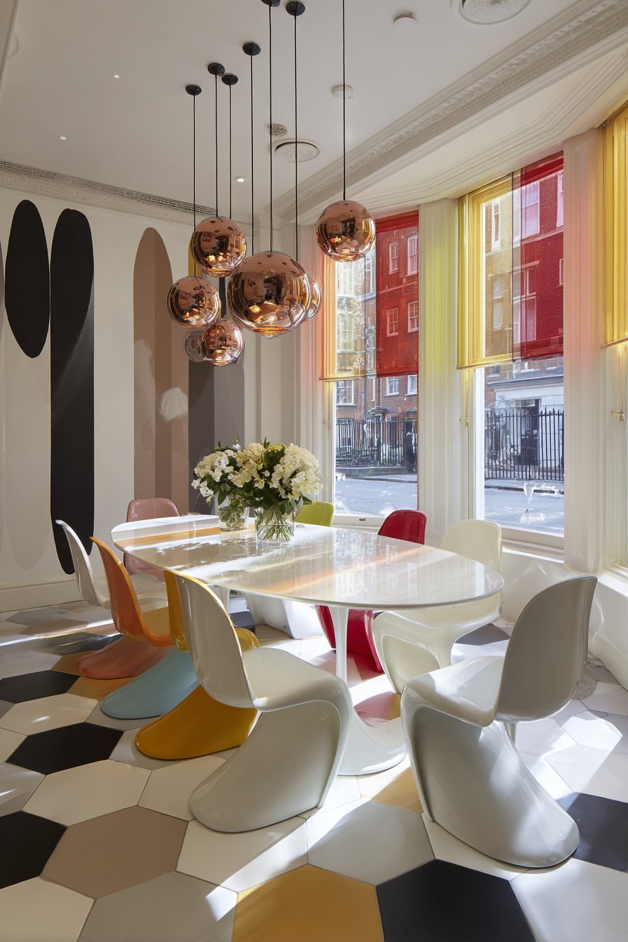 White Tulip Table with Rainbow Panton Chairs