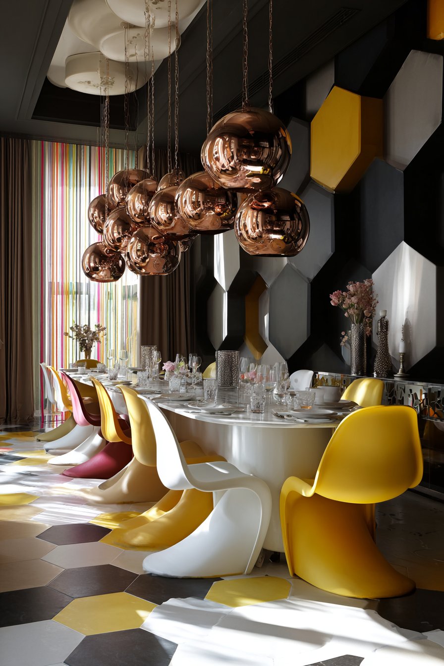 White Tulip Table with Rainbow Panton Chairs
