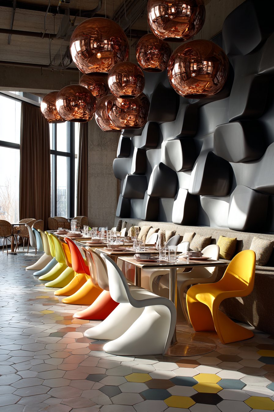 White Tulip Table with Rainbow Panton Chairs