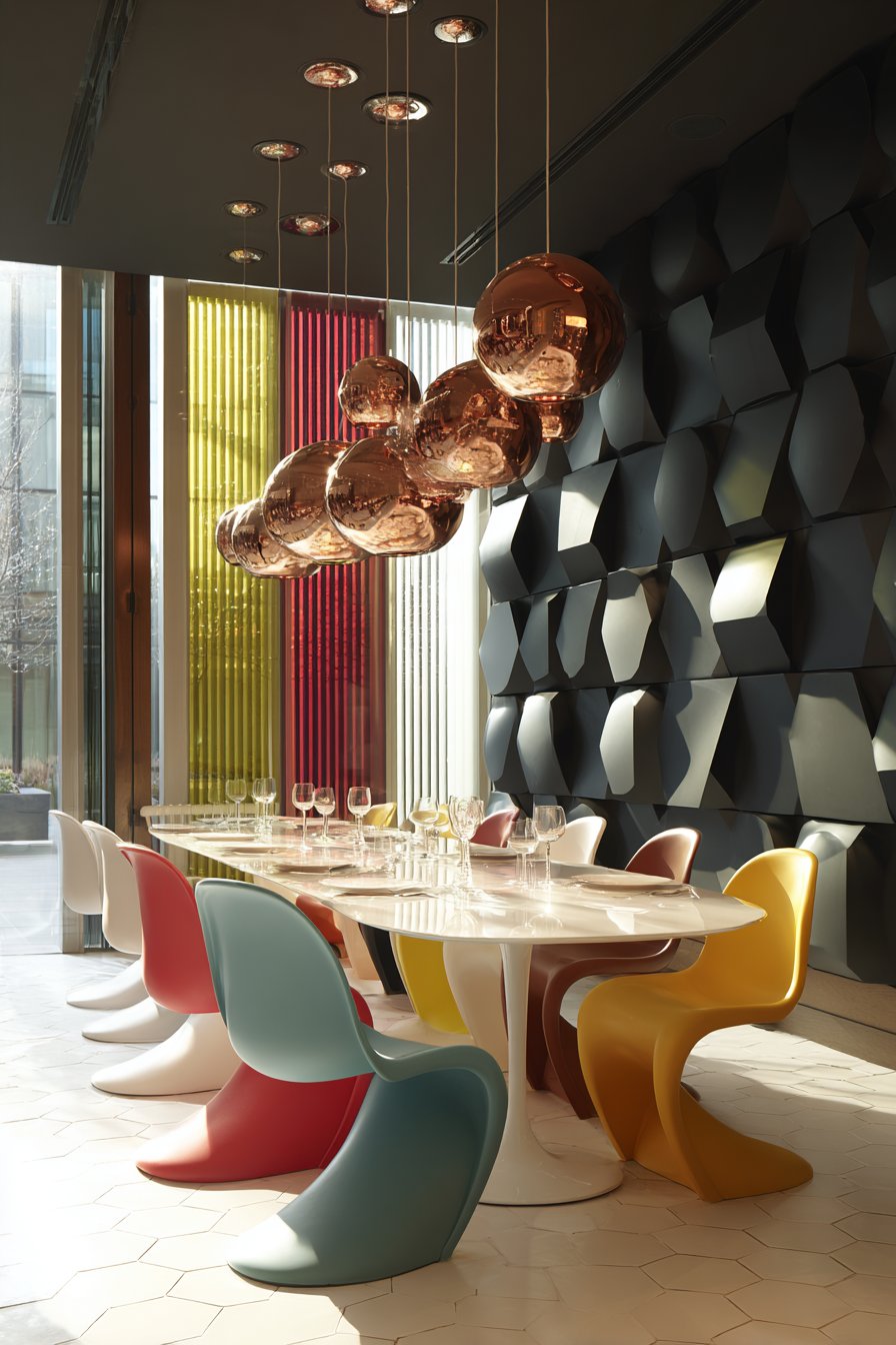 White Tulip Table with Rainbow Panton Chairs