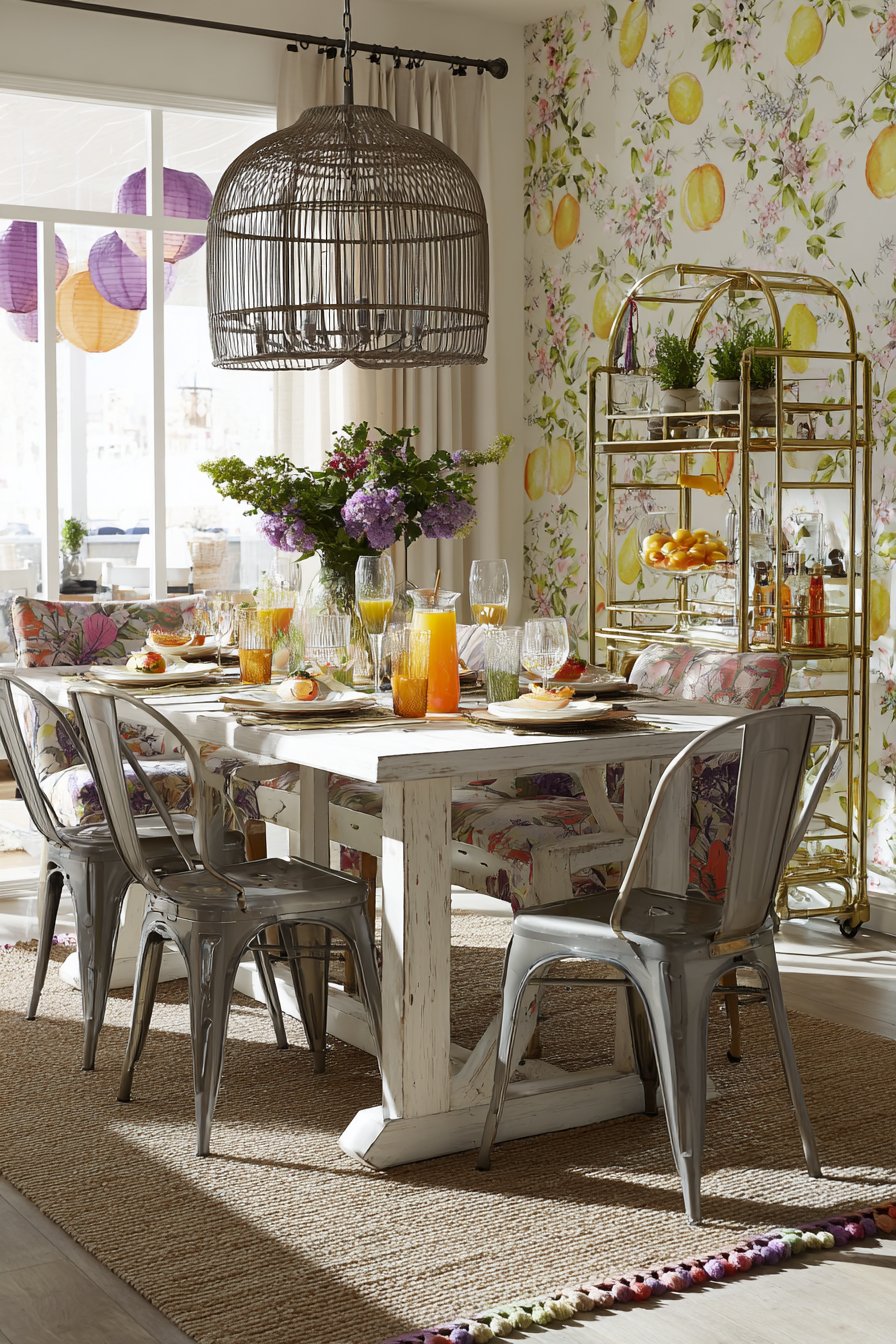 Whitewashed Farm Table with Industrial and Floral Mix