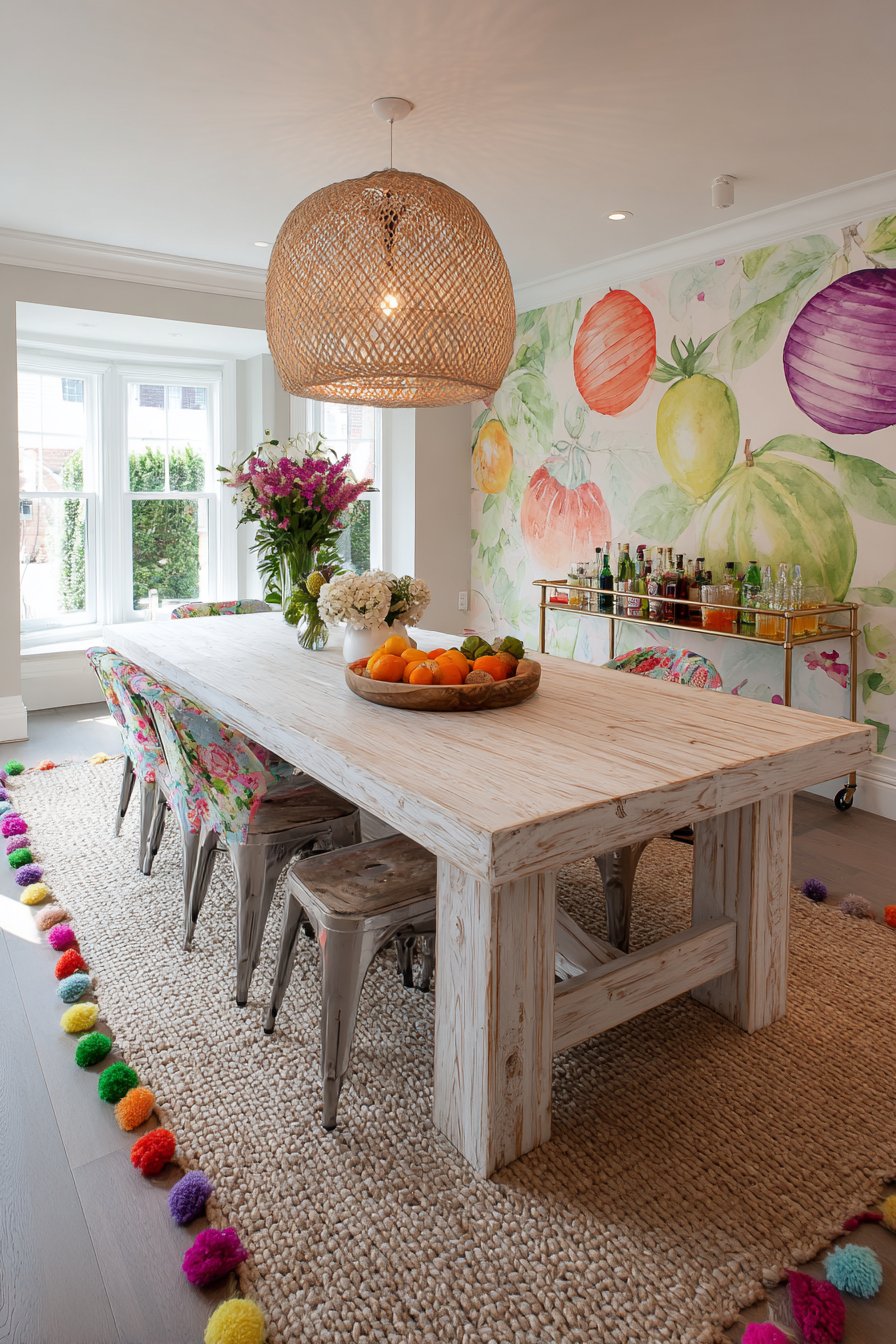 Whitewashed Farm Table with Industrial and Floral Mix