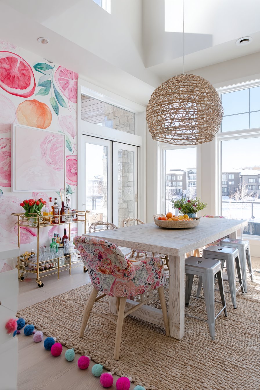 Whitewashed Farm Table with Industrial and Floral Mix