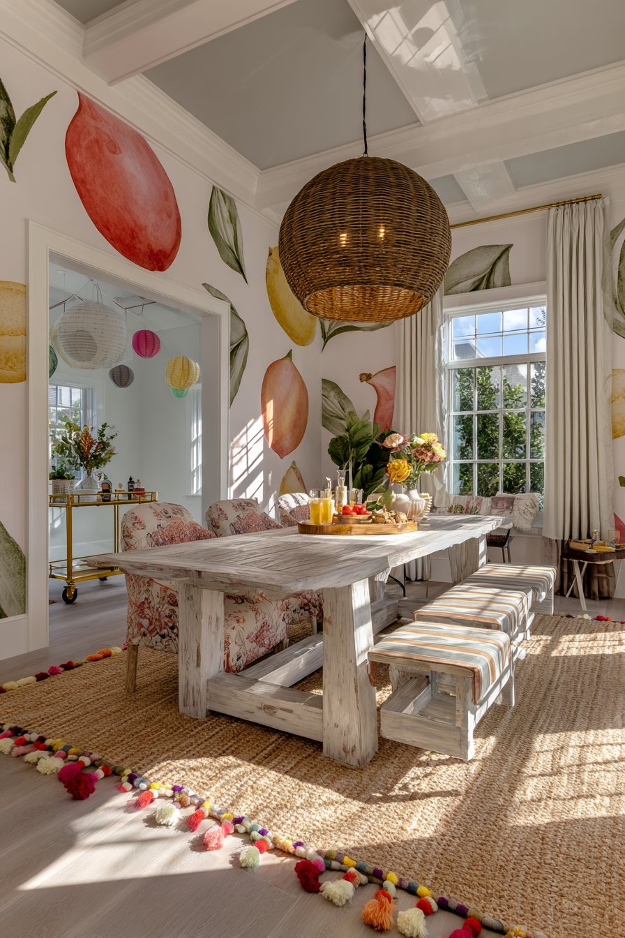 Whitewashed Farm Table with Industrial and Floral Mix