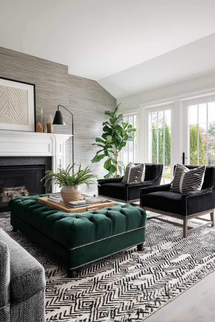 Transitional Green Ottoman with Persian Rug Foundation