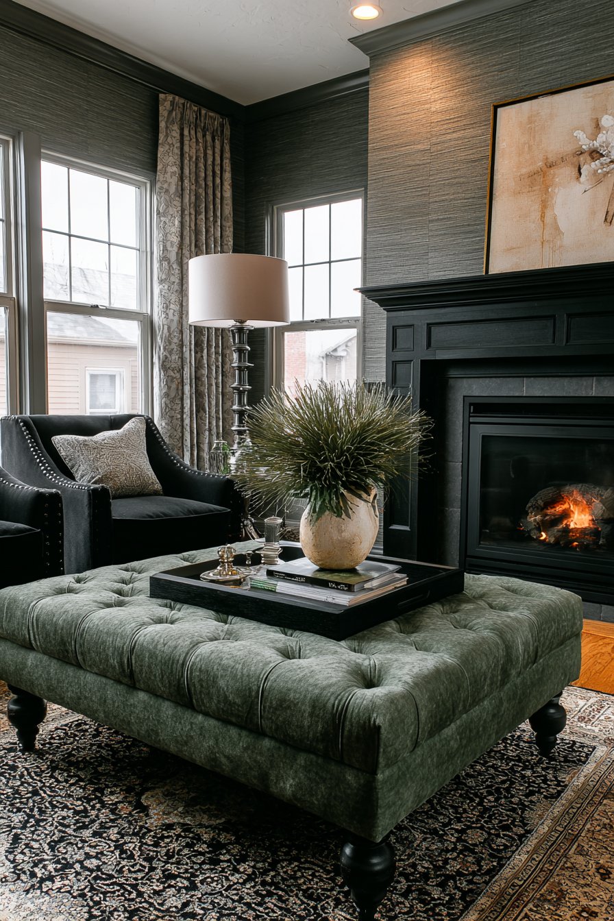 Transitional Green Ottoman with Persian Rug Foundation