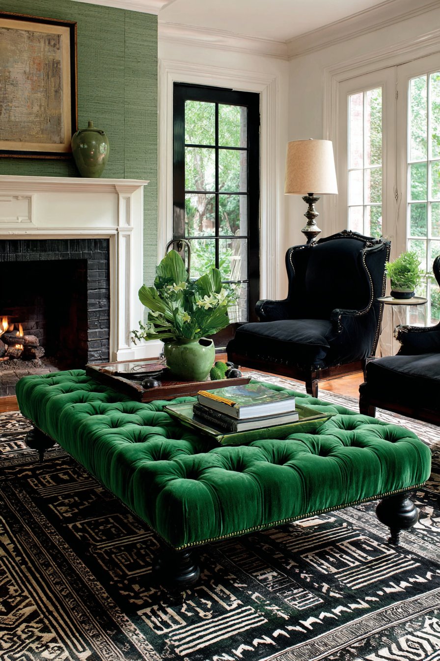 Transitional Green Ottoman with Persian Rug Foundation