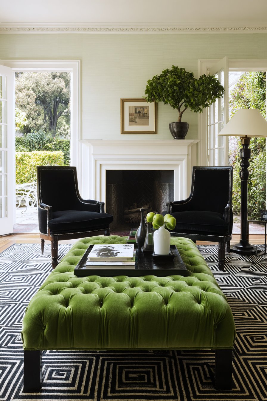 Transitional Green Ottoman with Persian Rug Foundation
