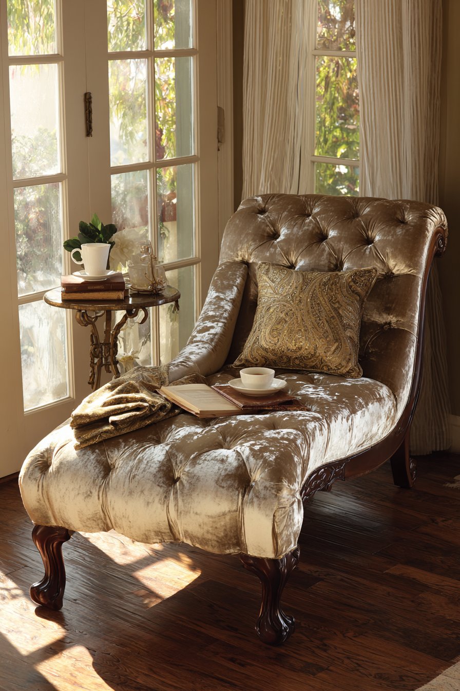 Champagne Velvet Chaise Lounge