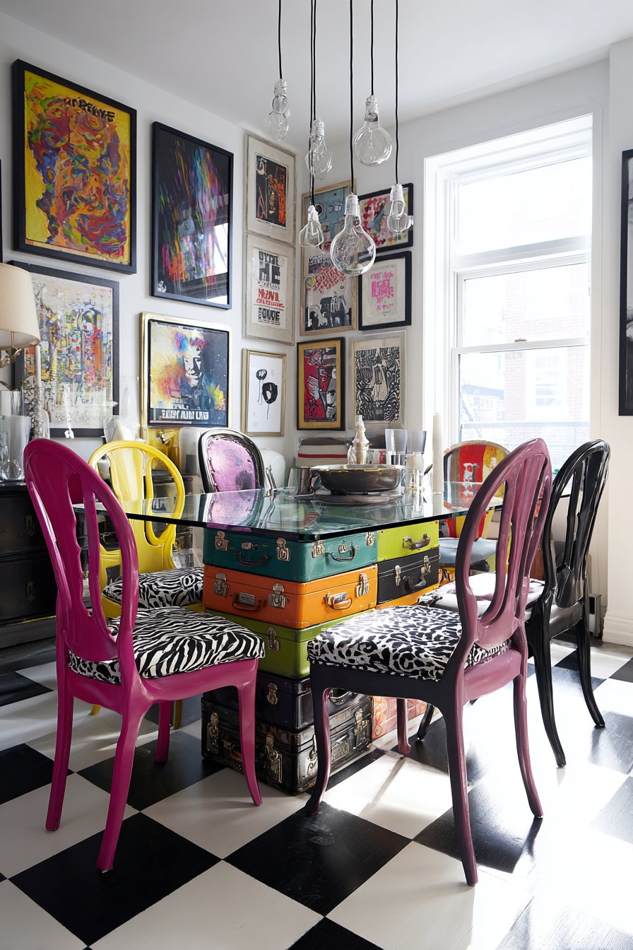 Stacked Suitcase Base with Mixed Animal Print Chairs