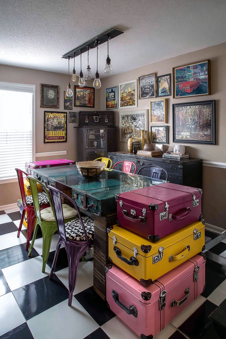 Stacked Suitcase Base with Mixed Animal Print Chairs