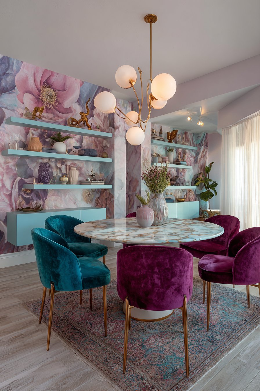 Marble-Look with Jewel Tone Velvet Chairs