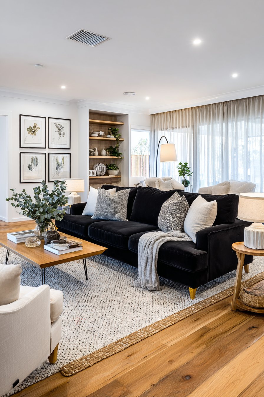 Black sofa living room decor